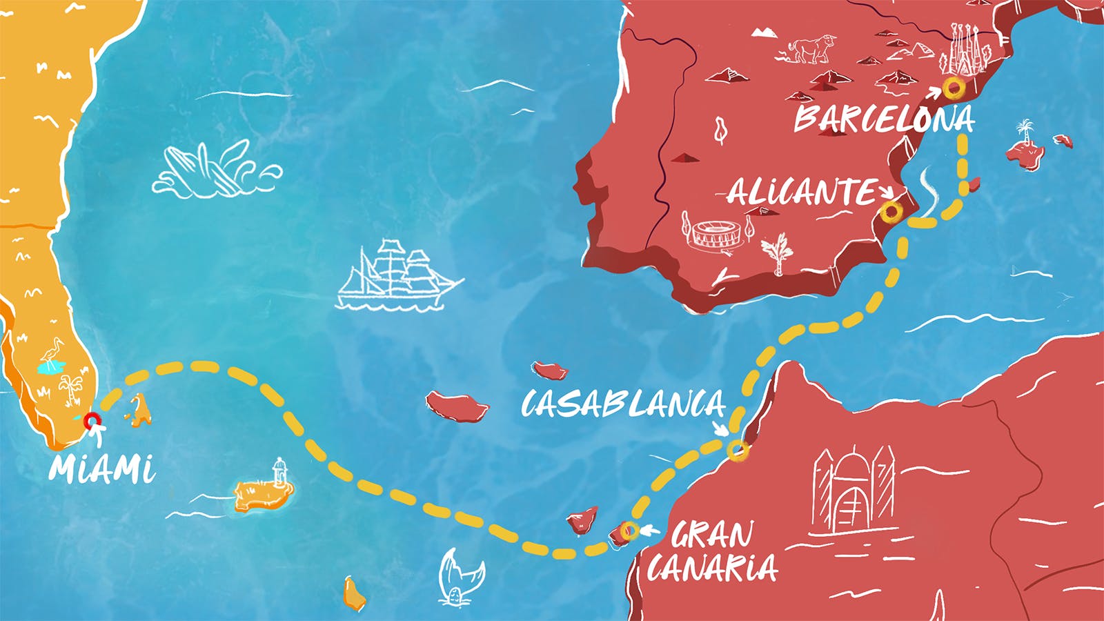 Map of Transatlantic to Spain & Morocco itinerary